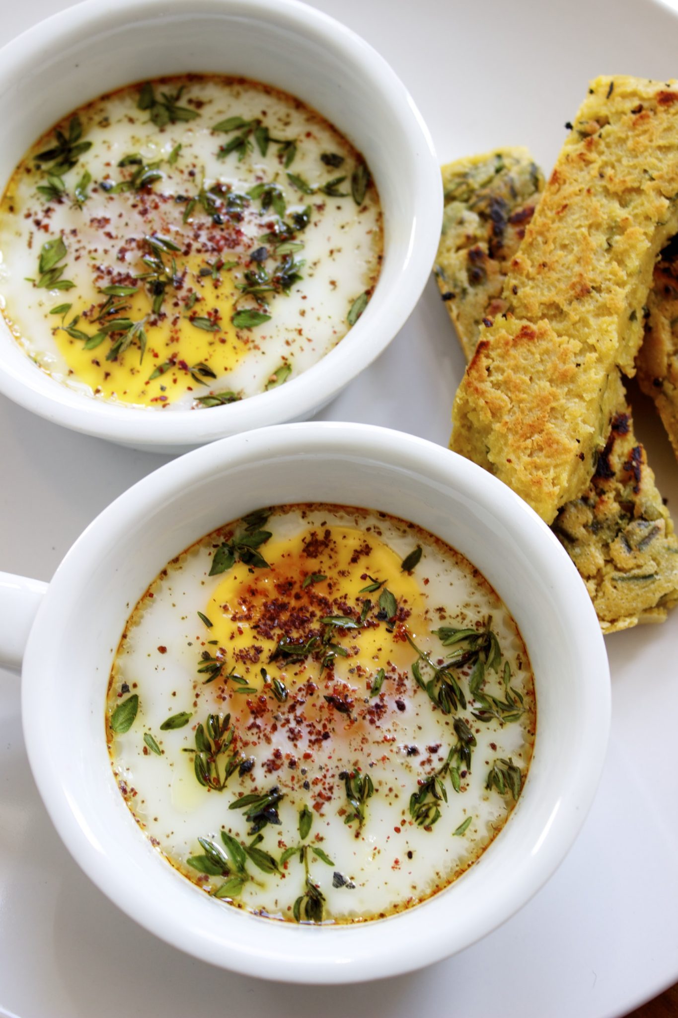 Duck Eggs in Cocotte w/Chickpea Soldiers & Antihistamine Herbs